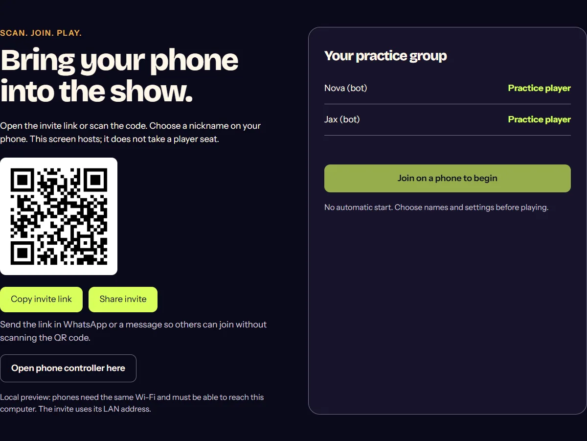 Captured browser host lobby with fictional demo players