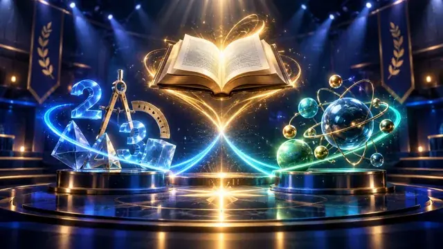 An open book takes centre stage, surrounded by numbers and science discoveries
